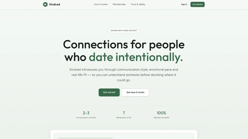 Kindred — intentional dating homepage with forest-green brand accents