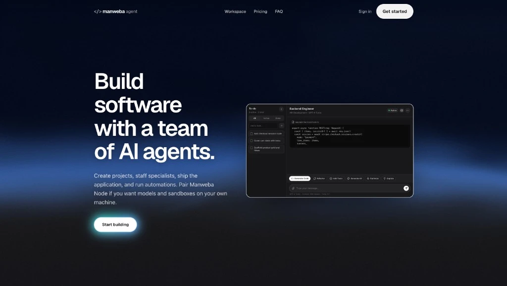 Manweba Agent — browser cockpit with task pipeline and code generation UI